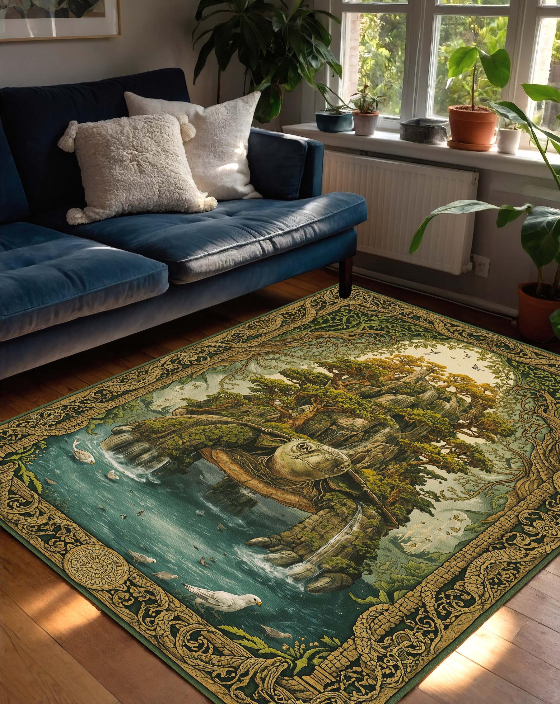 Fantasy Turtle Island Area Rug, Mystical Forest Waterfall Carpet, Green Gold Boho Living Room Decor, Nature Art Accent, Unique DnD Gift