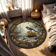 Magpie on Royal Crown Round Rug – Baroque Vintage Art Carpet, Gothic Ruins Aesthetic, Dark Blue Gold Medallion, Living Room Bedroom Decor