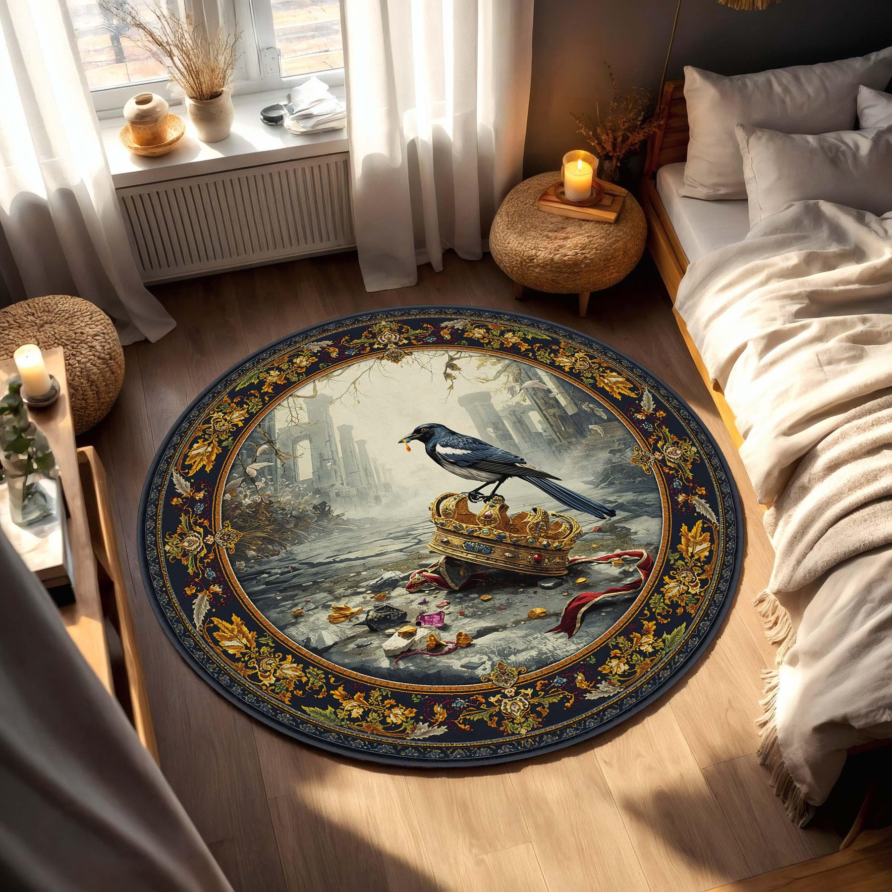 Magpie on Royal Crown Round Rug – Baroque Vintage Art Carpet, Gothic Ruins Aesthetic, Dark Blue Gold Medallion, Living Room Bedroom Decor