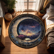 Moon Window Starry Sky Round Rug - Book Lover Gift Reading Nook Rug, Celestial Symbols Soft Area Mat for Cozy Bedroom or Living Room