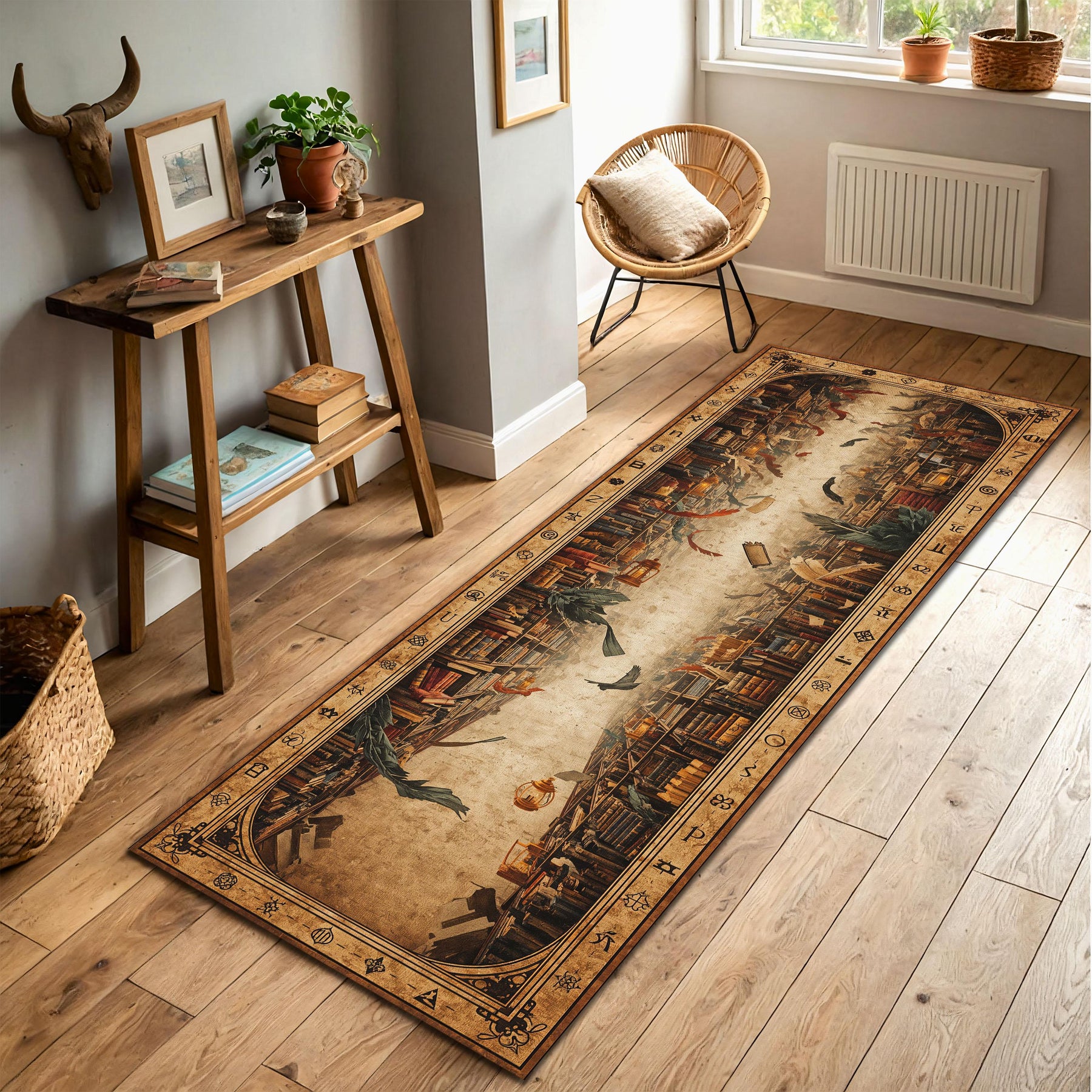 Vintage Library Hallway Runner Rug, Bookish Aesthetic Carpet with Magical Symbols, Antique Book Shelves Print, Rustic Boho Entryway Decor