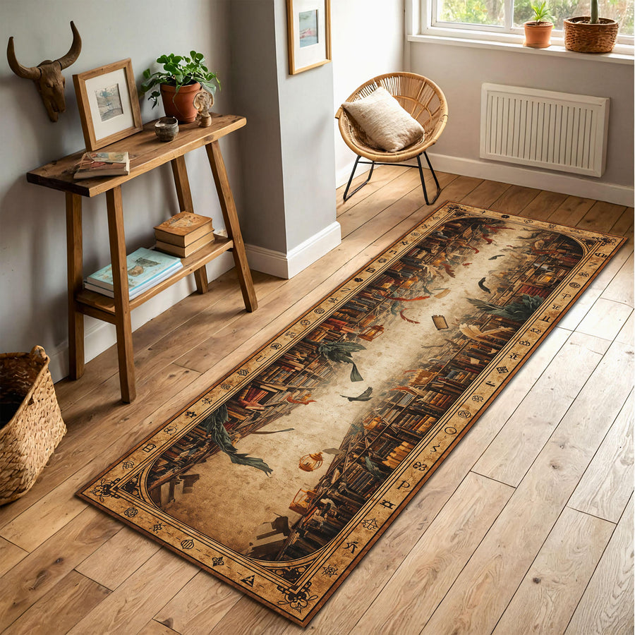 Vintage Library Hallway Runner Rug, Bookish Aesthetic Carpet with Magical Symbols, Antique Book Shelves Print, Rustic Boho Entryway Decor