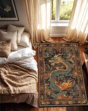 Oriental Dragon Area Rug, Vintage Asian Style Carpet, Mythic Serpent Art, Dark Boho Living Room Decor, Bedroom Accent, Non Slip Washable