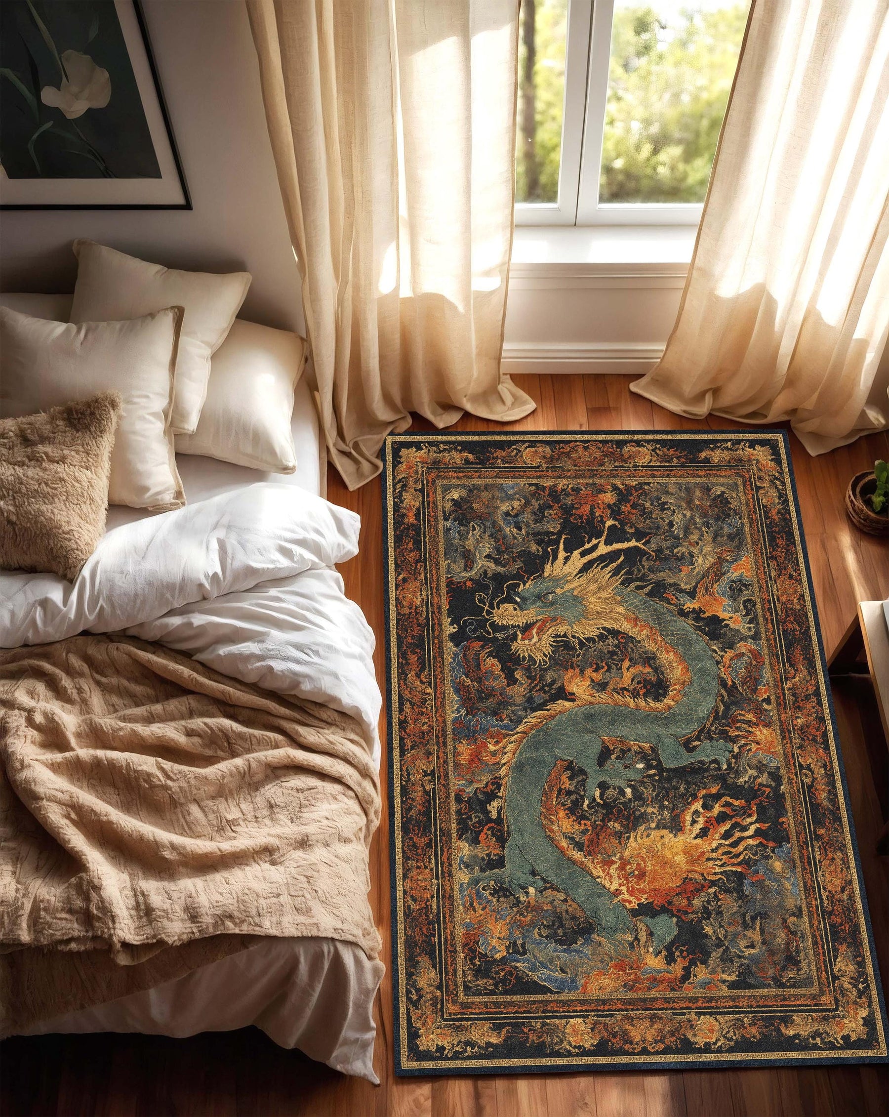 Oriental Dragon Area Rug, Vintage Asian Style Carpet, Mythic Serpent Art, Dark Boho Living Room Decor, Bedroom Accent, Non Slip Washable