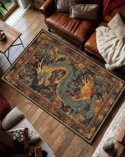 Oriental Dragon Area Rug, Vintage Asian Style Carpet, Mythic Serpent Art, Dark Boho Living Room Decor, Bedroom Accent, Non Slip Washable