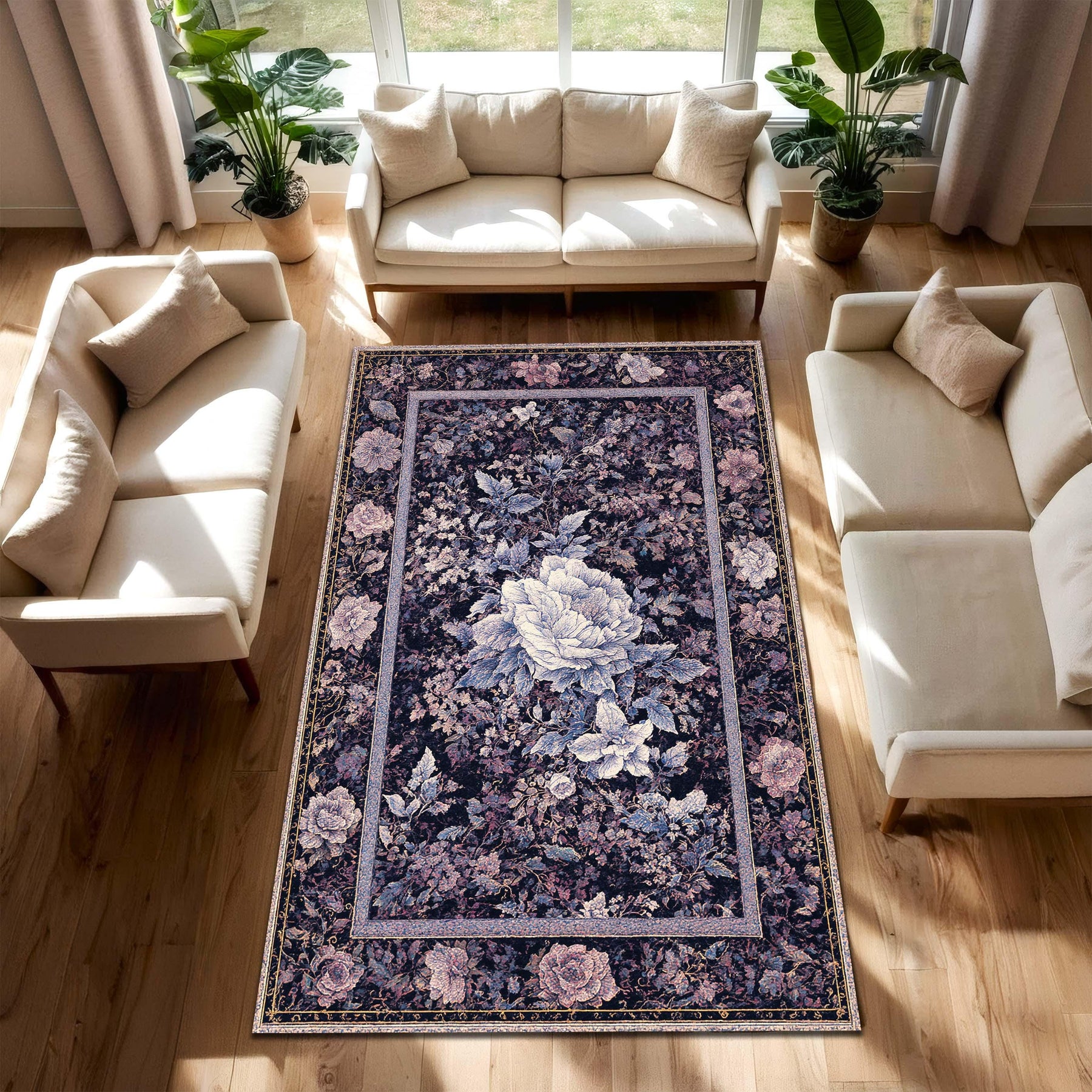 Purple Floral Area Rug, Vintage Rose Carpet, Dark Botanical Persian Style Living Room Bedroom Decor, Modern Traditional Accent Floor Mat