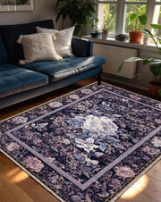 Purple Floral Area Rug, Vintage Rose Carpet, Dark Botanical Persian Style Living Room Bedroom Decor, Modern Traditional Accent Floor Mat