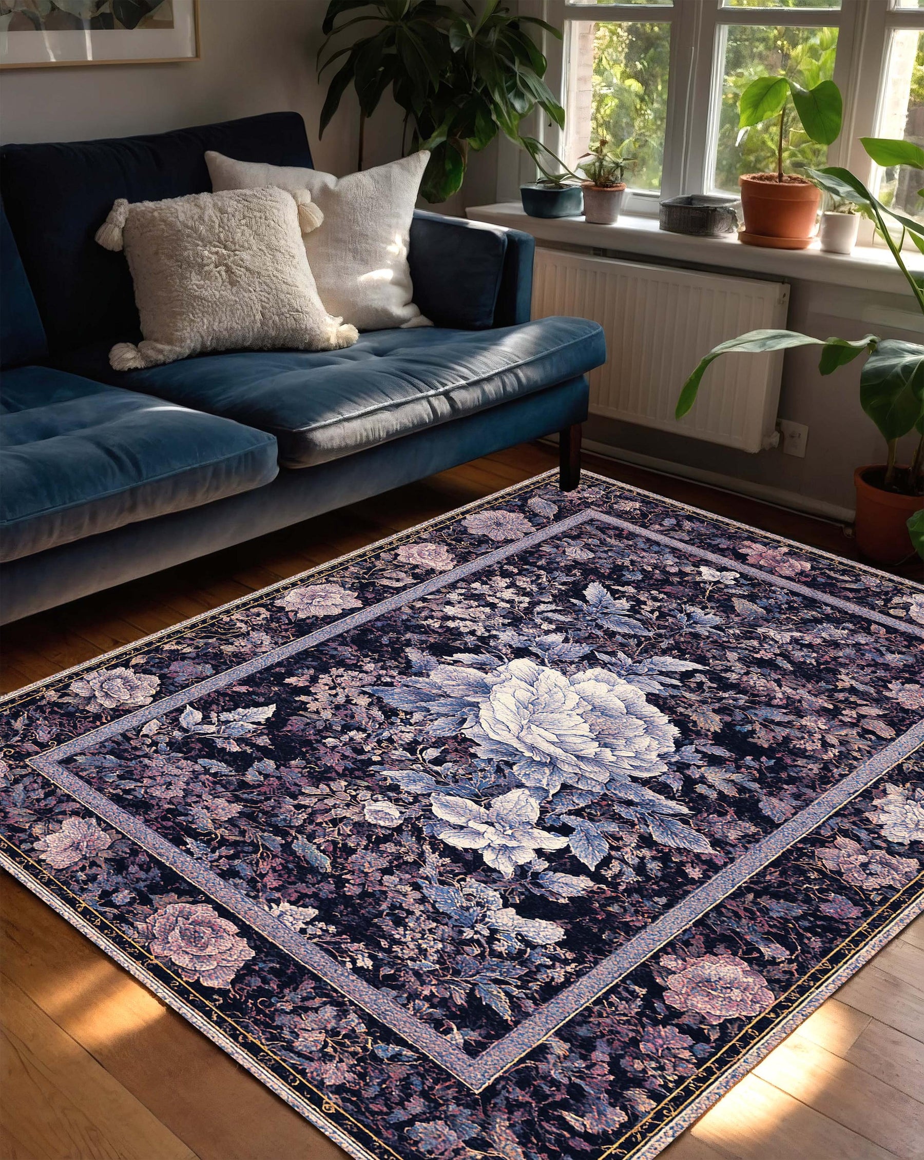 Purple Floral Area Rug, Vintage Rose Carpet, Dark Botanical Persian Style Living Room Bedroom Decor, Modern Traditional Accent Floor Mat