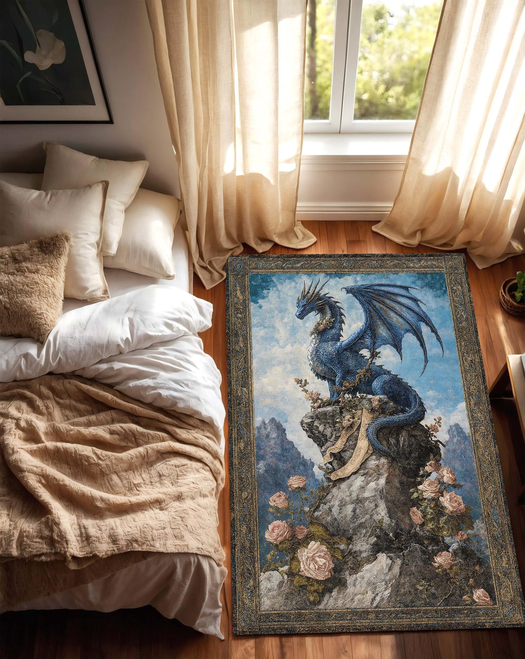 Blue Dragon Area Rug, Fantasy Medieval Carpet, Gothic Living Room Decor, Mythical Creature Art, Boho Vintage Style Floor Mat Gift Idea