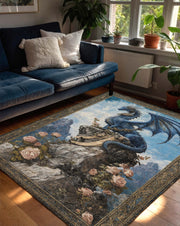 Blue Dragon Area Rug, Fantasy Medieval Carpet, Gothic Living Room Decor, Mythical Creature Art, Boho Vintage Style Floor Mat Gift Idea