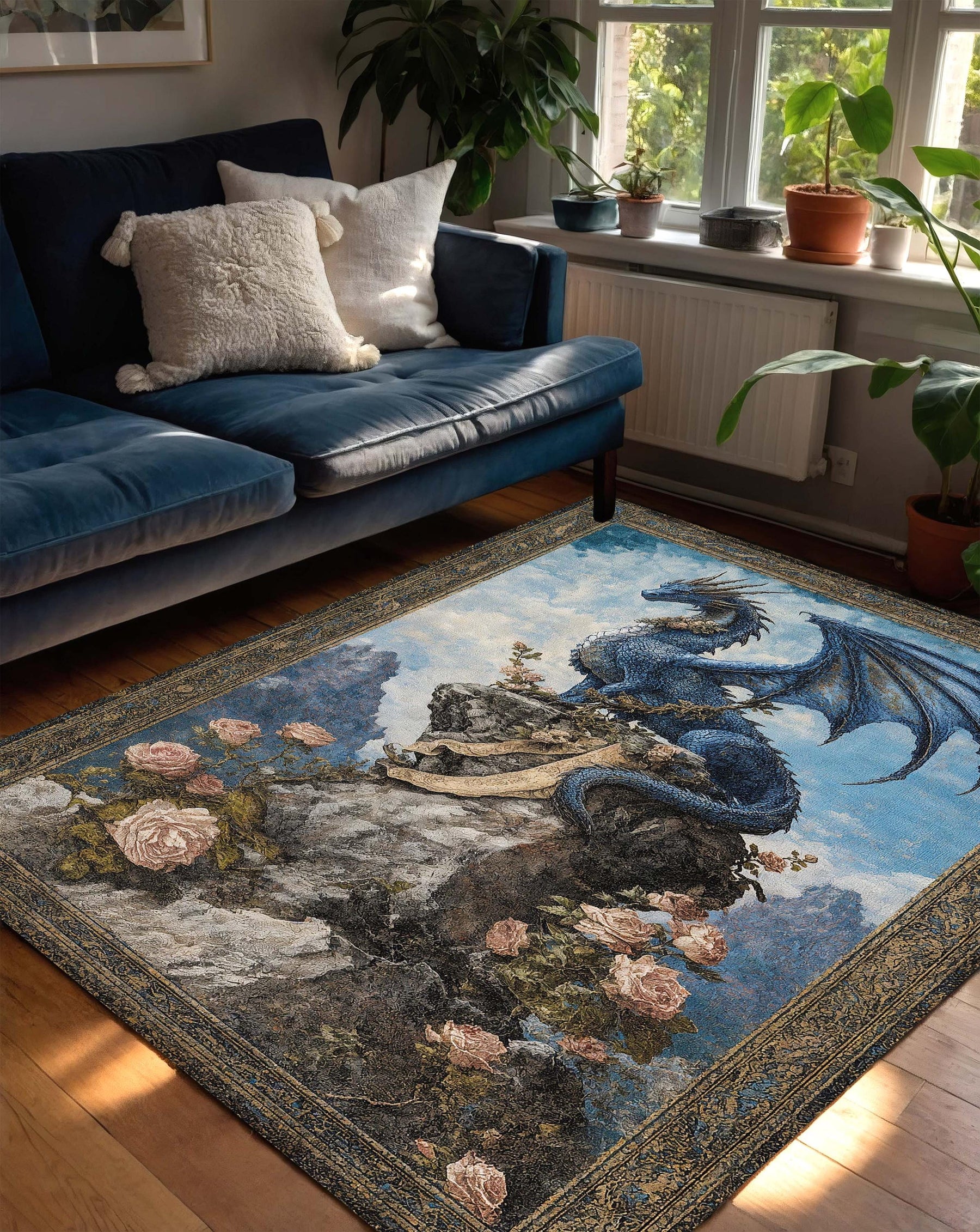 Blue Dragon Area Rug, Fantasy Medieval Carpet, Gothic Living Room Decor, Mythical Creature Art, Boho Vintage Style Floor Mat Gift Idea