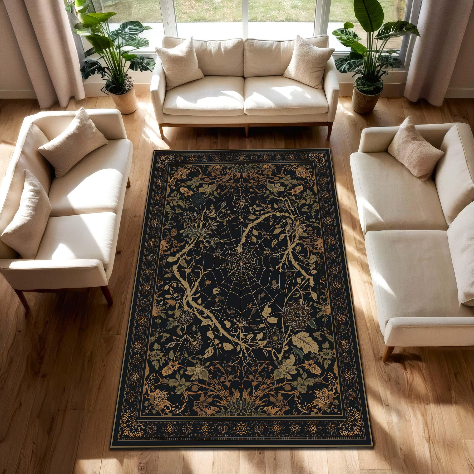 Dark Botanical Spiderweb Area Rug – Gothic Floral Vintage Style Carpet for Living Room, Witchy Cottagecore Decor, Victorian Style Home