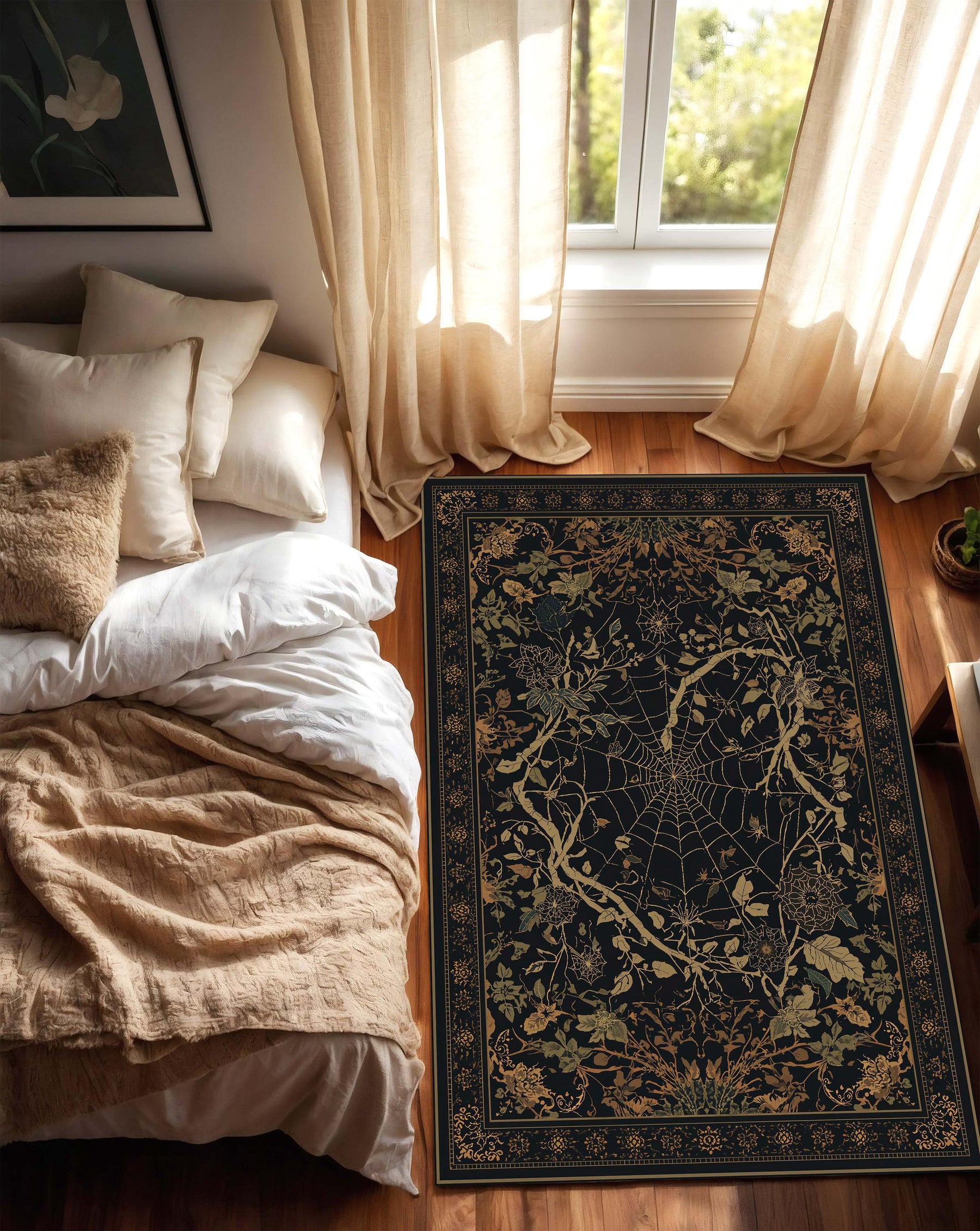 Dark Botanical Spiderweb Area Rug – Gothic Floral Vintage Style Carpet for Living Room, Witchy Cottagecore Decor, Victorian Style Home