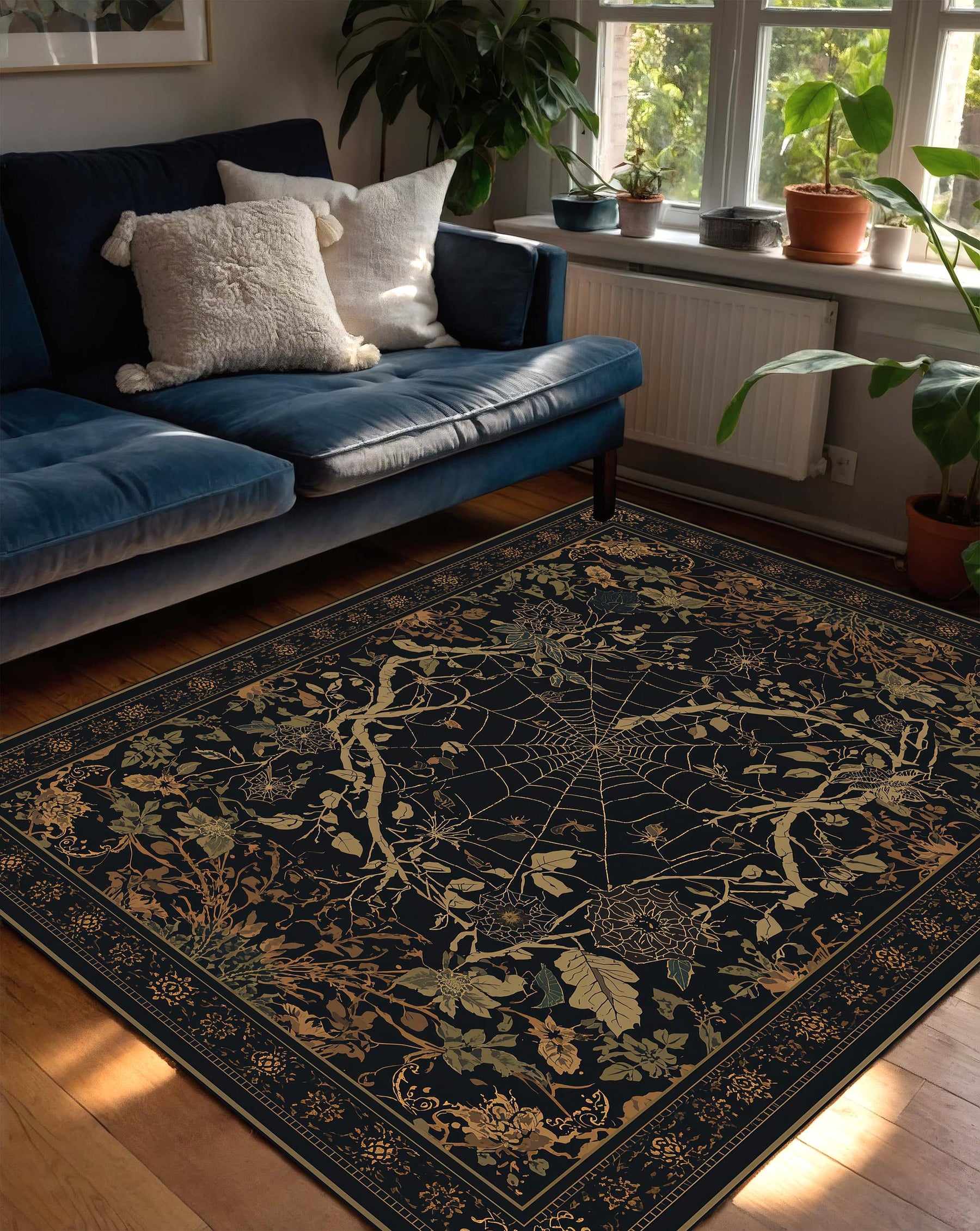 Dark Botanical Spiderweb Area Rug – Gothic Floral Vintage Style Carpet for Living Room, Witchy Cottagecore Decor, Victorian Style Home