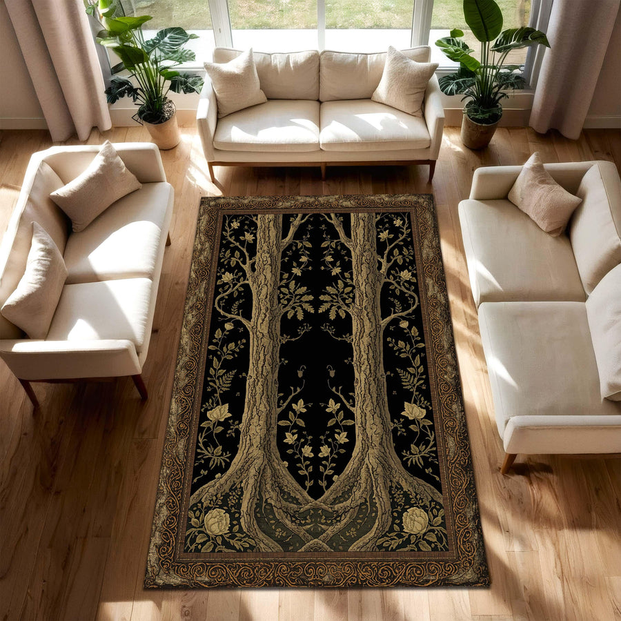 Black Tree of Life Area Rug, Art Nouveau Botanical Carpet, Vintage Gothic Tapestry Style Floor Decor, Boho Living Room Accent Mat Large