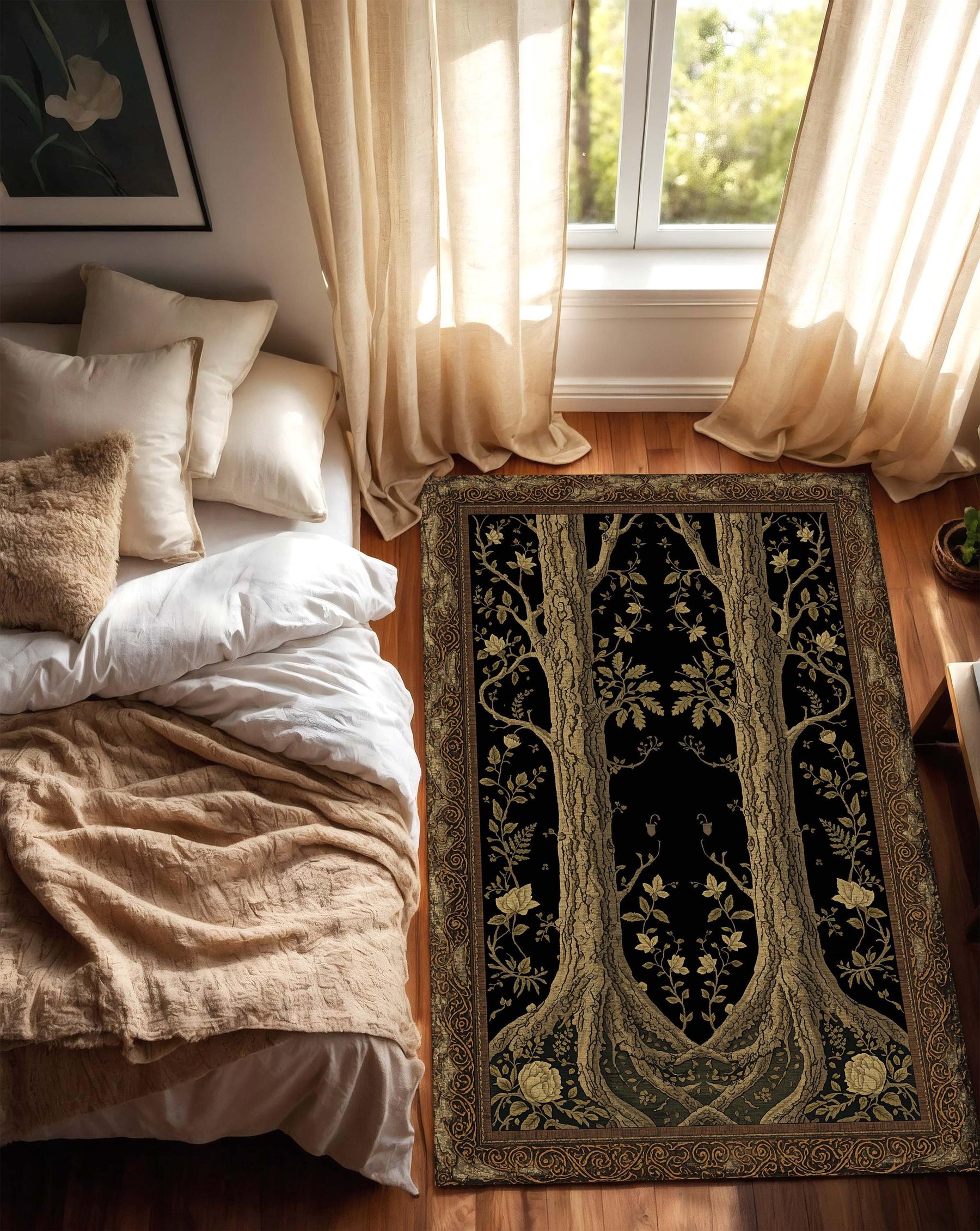 Black Tree of Life Area Rug, Art Nouveau Botanical Carpet, Vintage Gothic Tapestry Style Floor Decor, Boho Living Room Accent Mat Large