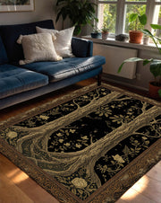 Black Tree of Life Area Rug, Art Nouveau Botanical Carpet, Vintage Gothic Tapestry Style Floor Decor, Boho Living Room Accent Mat Large