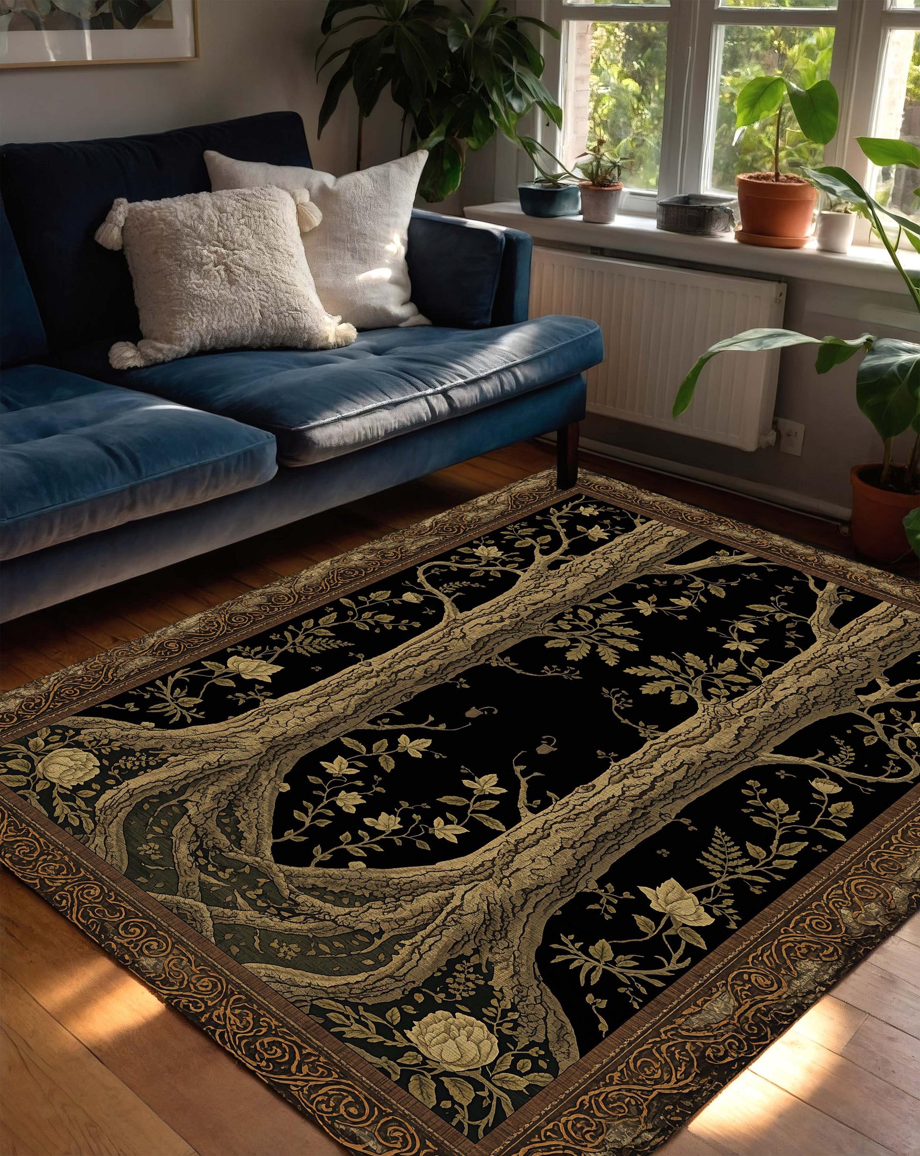 Black Tree of Life Area Rug, Art Nouveau Botanical Carpet, Vintage Gothic Tapestry Style Floor Decor, Boho Living Room Accent Mat Large