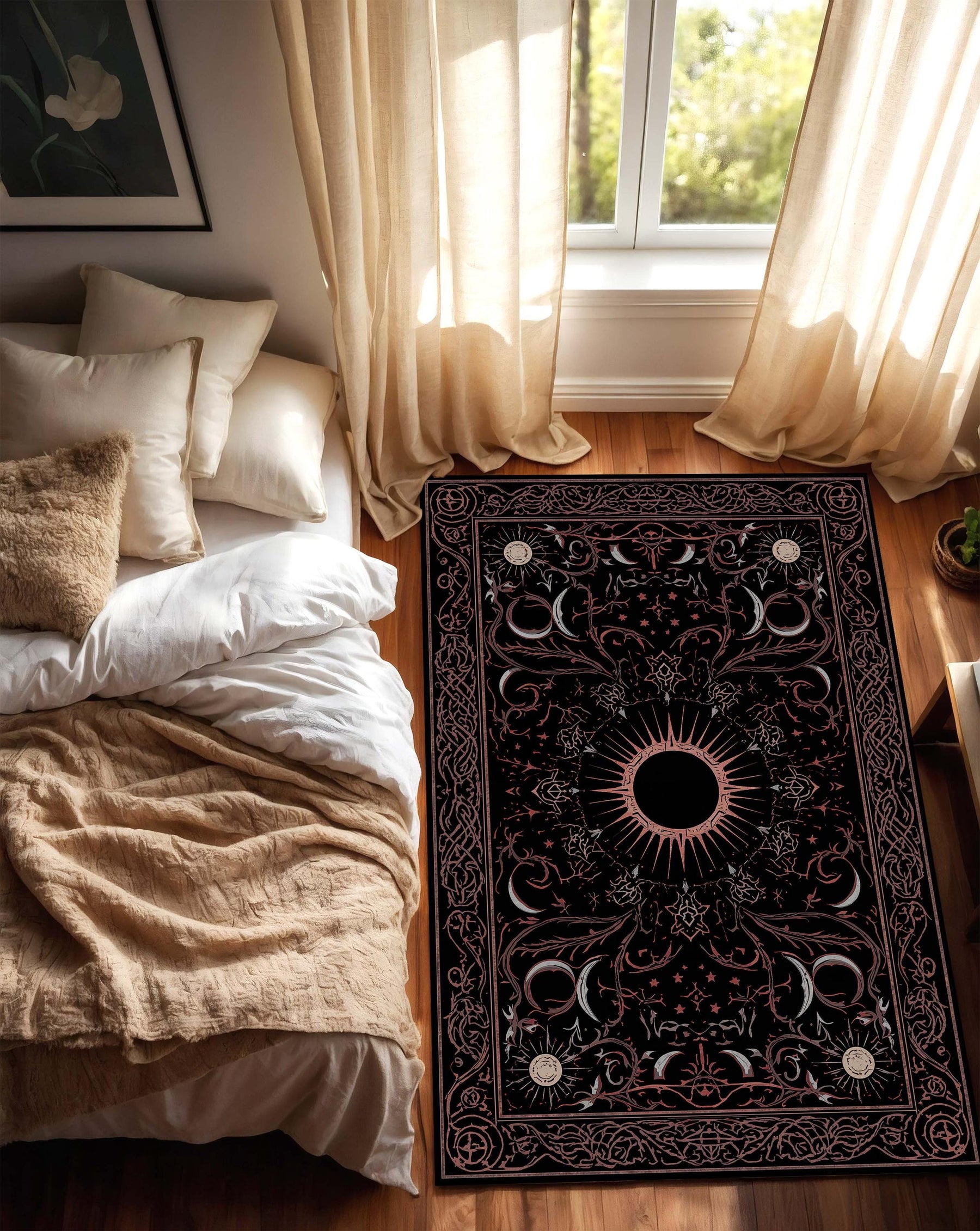 Celestial Black Area Rug with Sun Moon & Stars Design, Gothic Boho Occult Tarot Carpet, Vintage Astral Living Room Decor, Soft Floor Mat