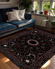 Celestial Black Area Rug with Sun Moon & Stars Design, Gothic Boho Occult Tarot Carpet, Vintage Astral Living Room Decor, Soft Floor Mat