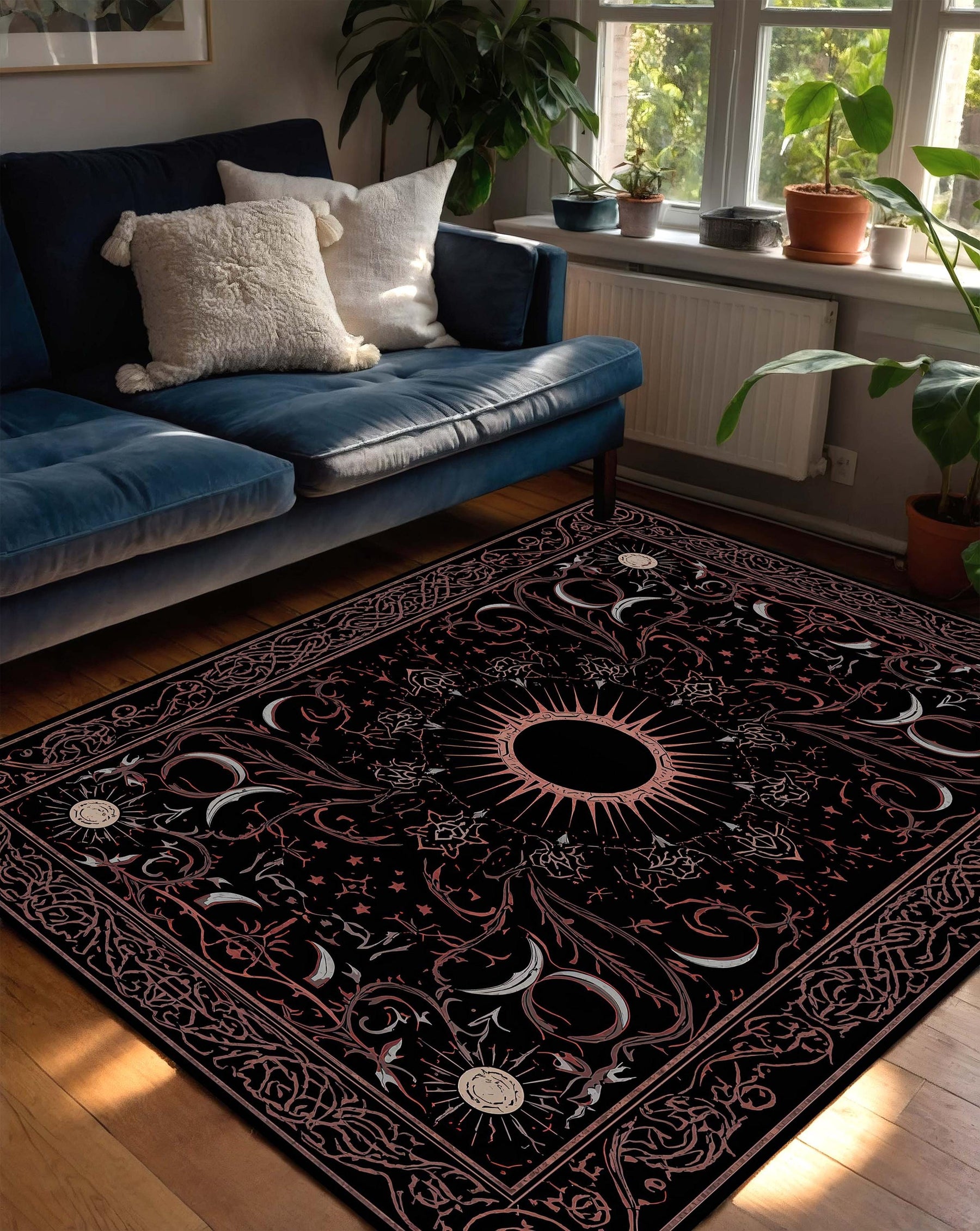 Celestial Black Area Rug with Sun Moon & Stars Design, Gothic Boho Occult Tarot Carpet, Vintage Astral Living Room Decor, Soft Floor Mat