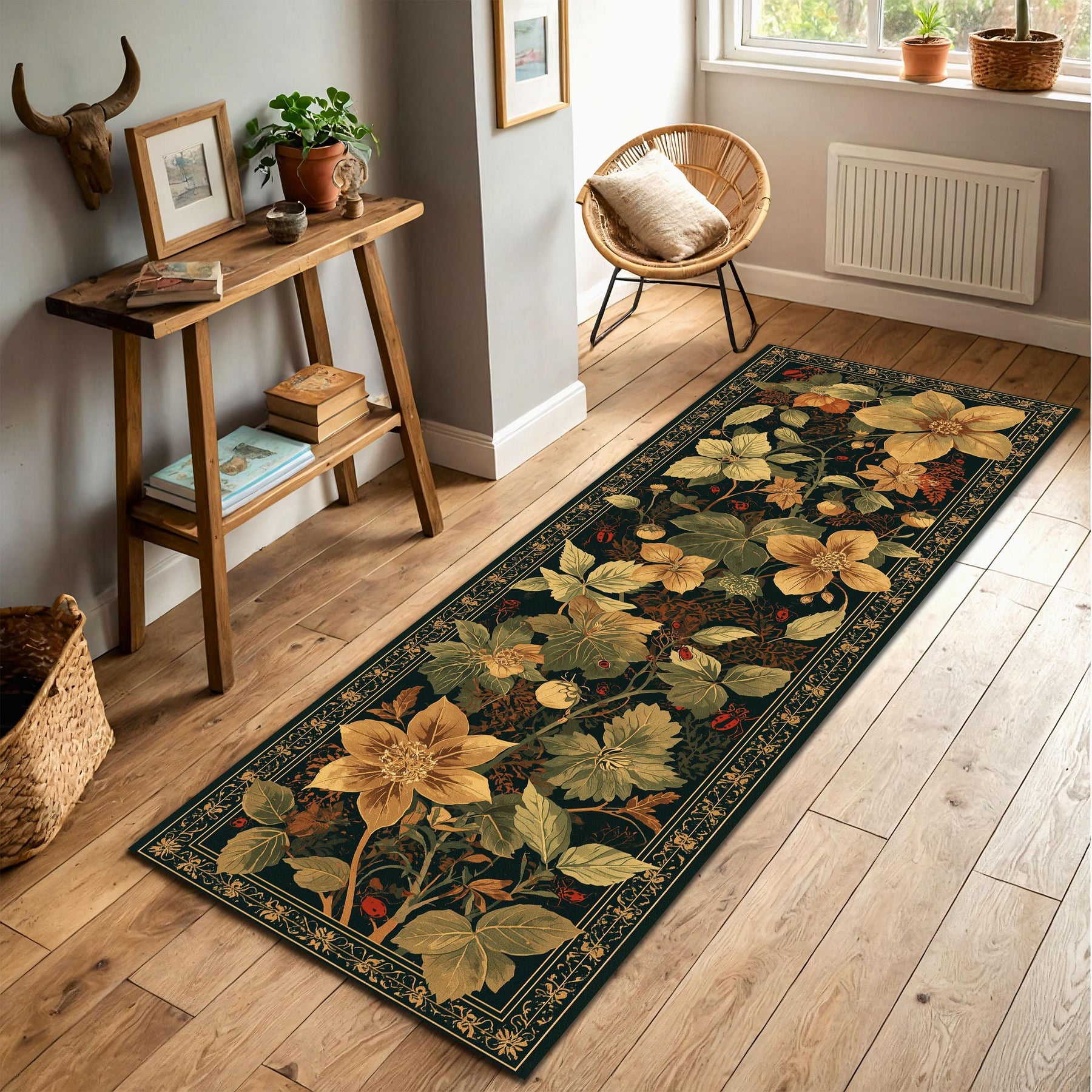 Vintage Botanical Floral Runner Rug In Dark Green With Golden Flowers, Washable Non Slip Hallway Carpet, Boho Cottagecore Kitchen Entry Rug