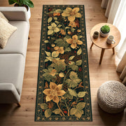 Vintage Botanical Floral Runner Rug In Dark Green With Golden Flowers, Washable Non Slip Hallway Carpet, Boho Cottagecore Kitchen Entry Rug