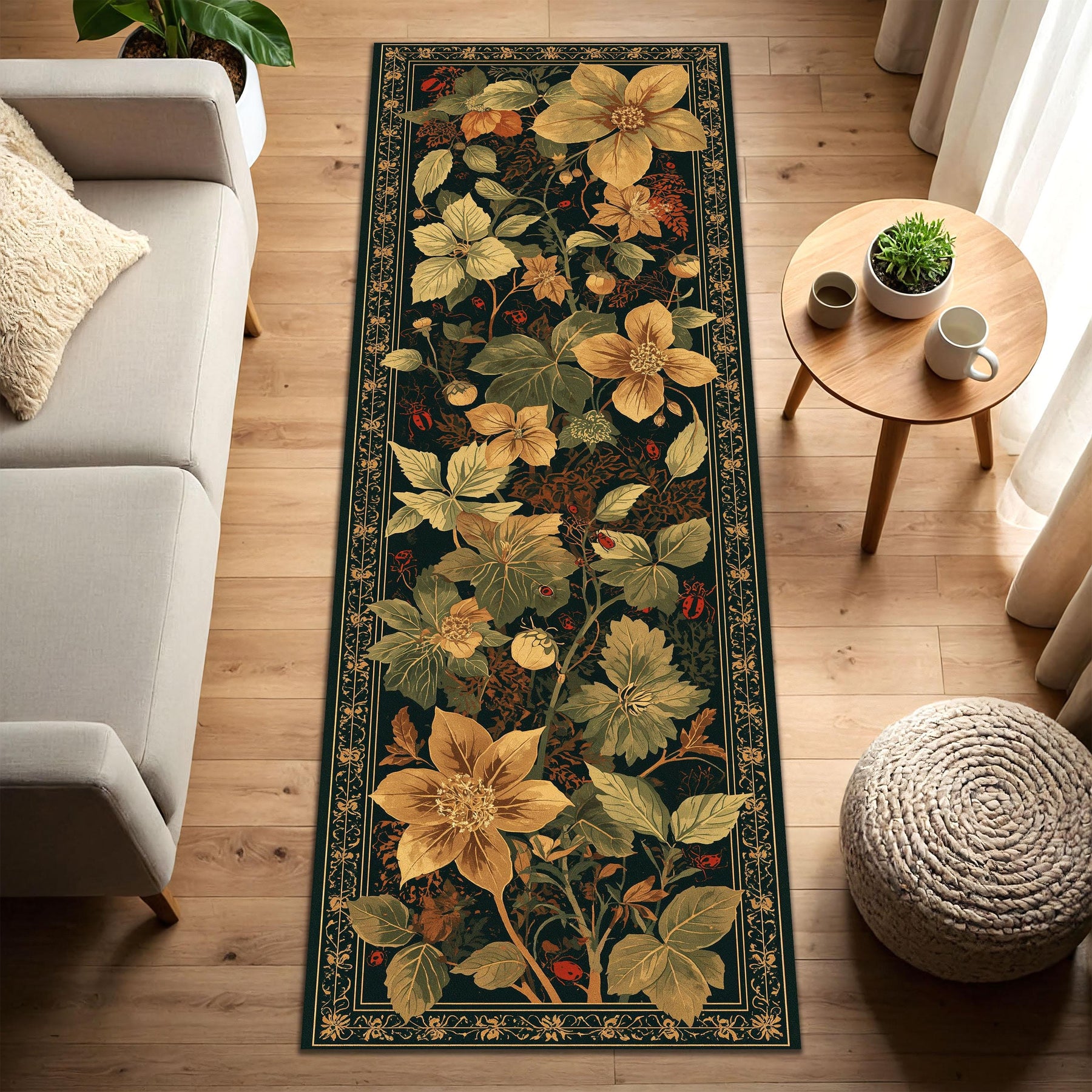 Vintage Botanical Floral Runner Rug In Dark Green With Golden Flowers, Washable Non Slip Hallway Carpet, Boho Cottagecore Kitchen Entry Rug