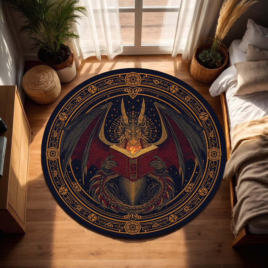 Dragon Wizard Round Rug, Mystical Reading Dragon Area Carpet, Fantasy Occult Mandala Decor, Celestial Floor Mat for Bedroom Living Room