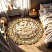 Butterfly Book Round Rug – Vintage Boho Reading Nook Carpet, Floral Botanical Circle Area Mat for Bedroom Living Room, Cozy Librarian Gift