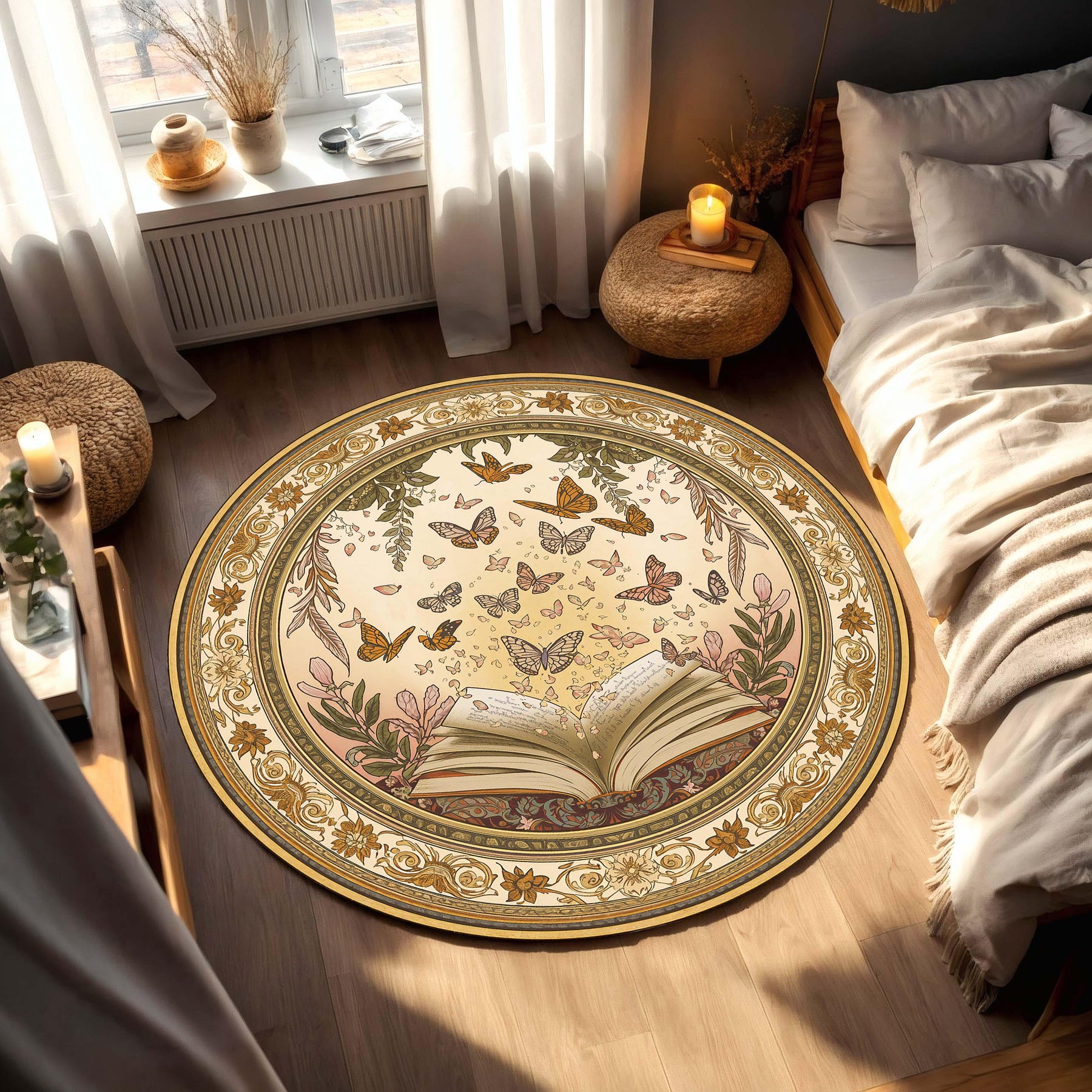 Butterfly Book Round Rug – Vintage Boho Reading Nook Carpet, Floral Botanical Circle Area Mat for Bedroom Living Room, Cozy Librarian Gift