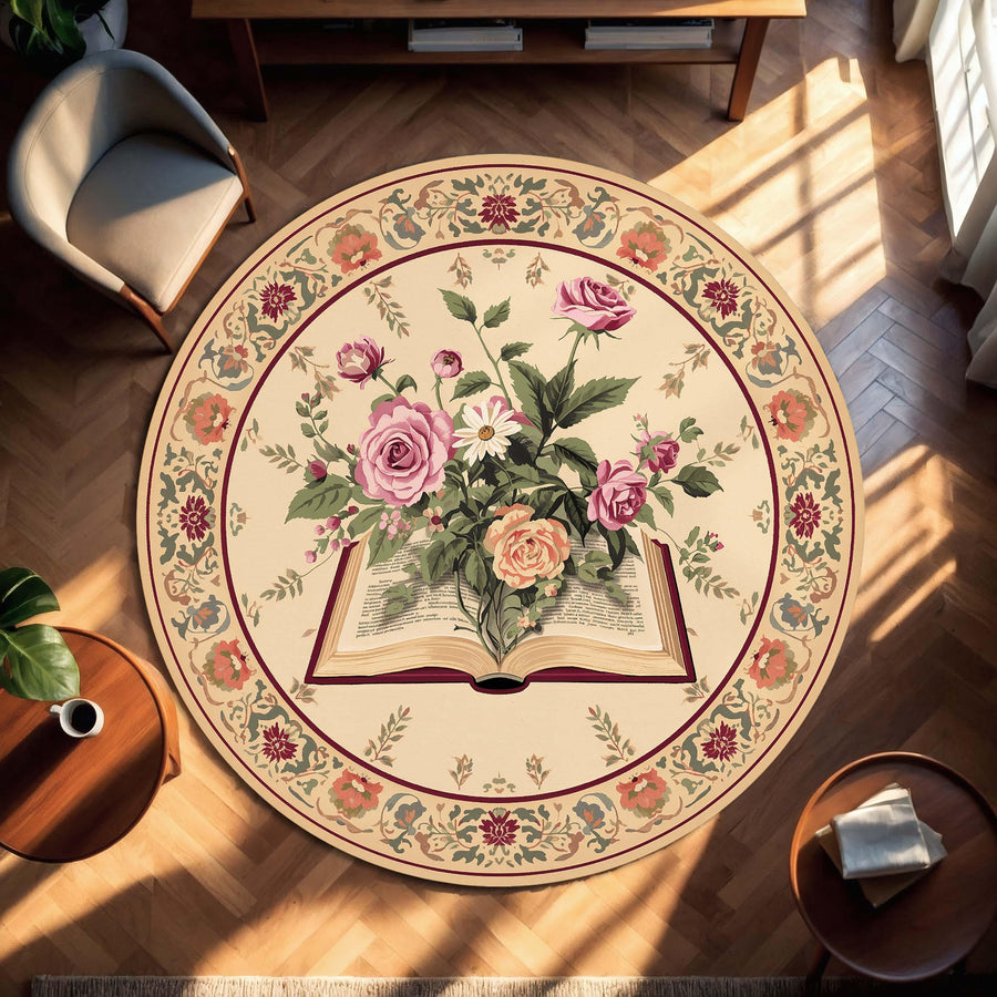Round Floral Rug with Open Book and Roses, Vintage Cottagecore Area Carpet for Living Room Bedroom or Reading Nook, Boho Botanical Decor