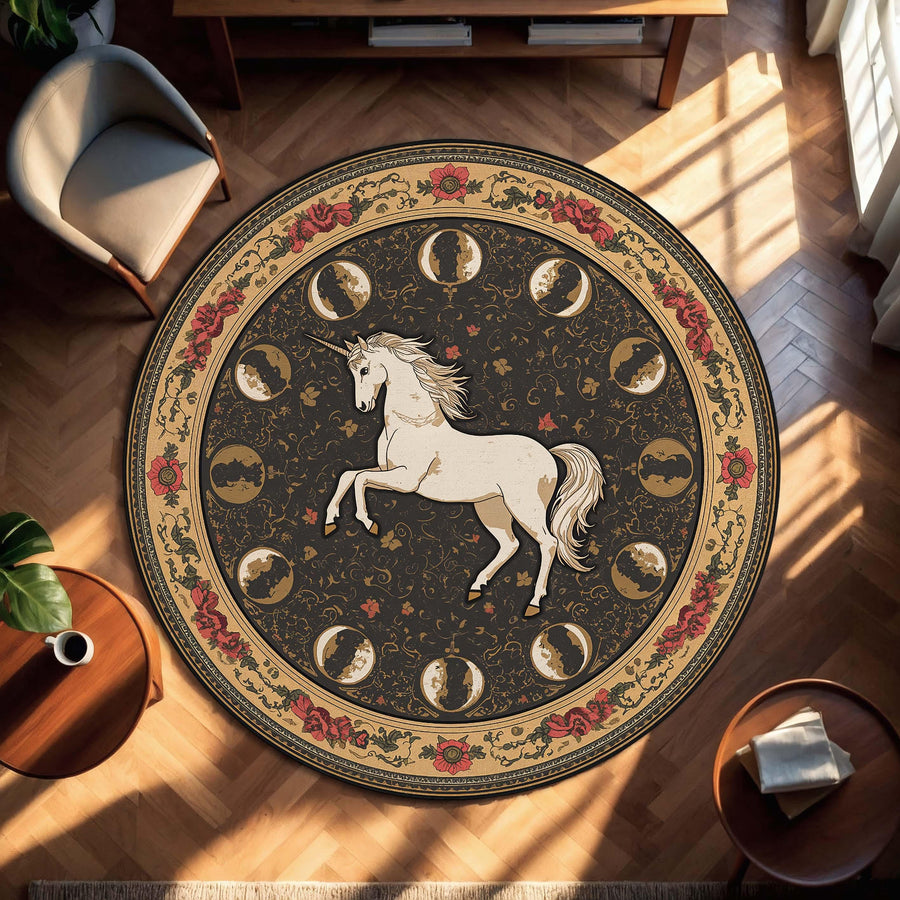 Vintage Floral Unicorn Moon Phases Round Rug, Celestial Boho Area Carpet, Mystical Floral Circle Mat for Living Room Bedroom Nursery Decor