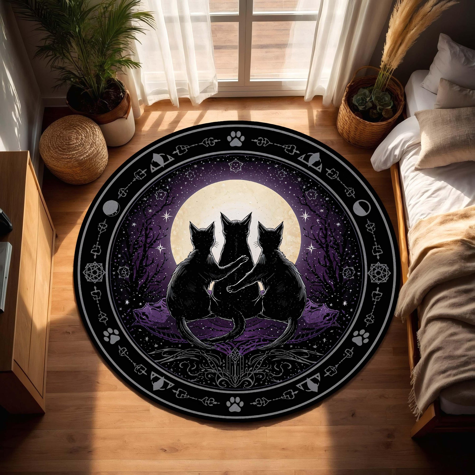Moonlit Black Cats Round Rug – Witchy Celestial Purple Carpet for Living Room & Bedroom, Gothic Boho Decor, Occult Cat Lover Gift Idea