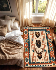 Southwestern Bear Deer Wolf Area Rug, Rustic Cabin Lodge Carpet, Tribal Geometric Boho, Terracotta Teal Cream Rug for Living Room Bedroom