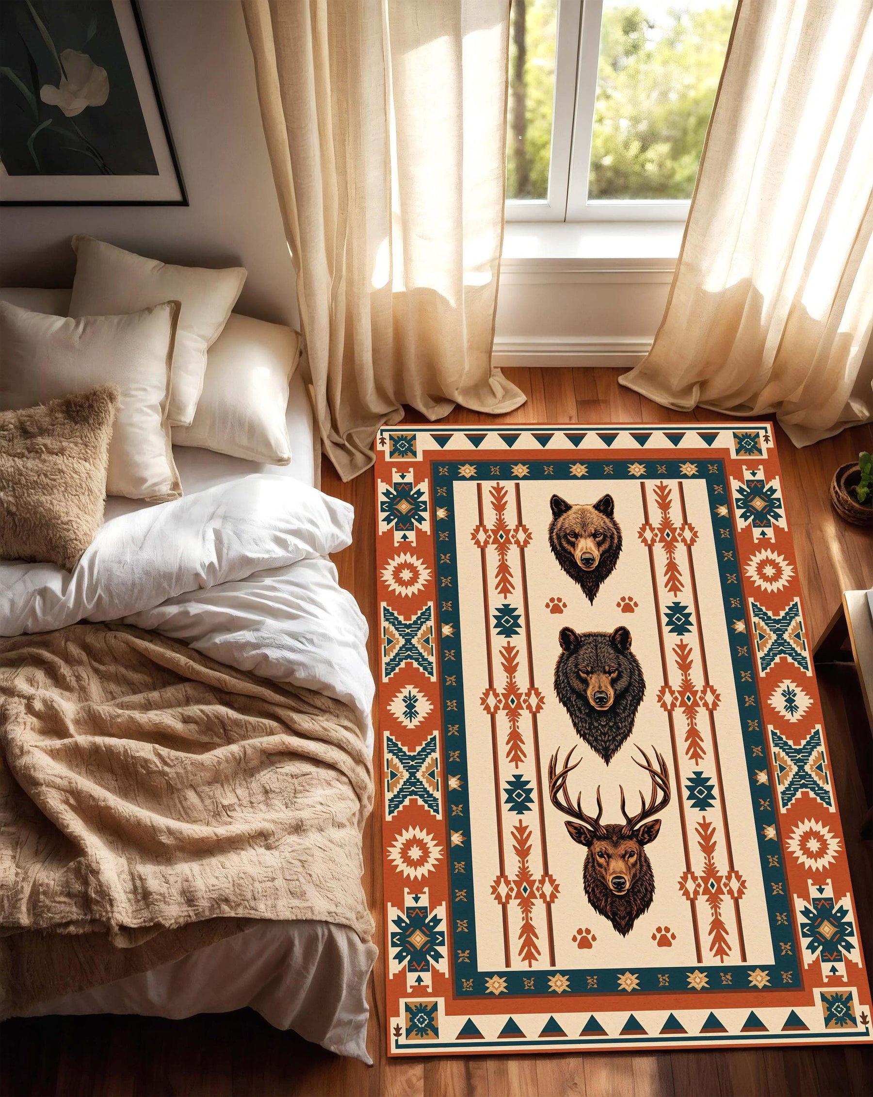 Southwestern Bear Deer Wolf Area Rug, Rustic Cabin Lodge Carpet, Tribal Geometric Boho, Terracotta Teal Cream Rug for Living Room Bedroom