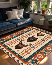 Southwestern Bear Deer Wolf Area Rug, Rustic Cabin Lodge Carpet, Tribal Geometric Boho, Terracotta Teal Cream Rug for Living Room Bedroom