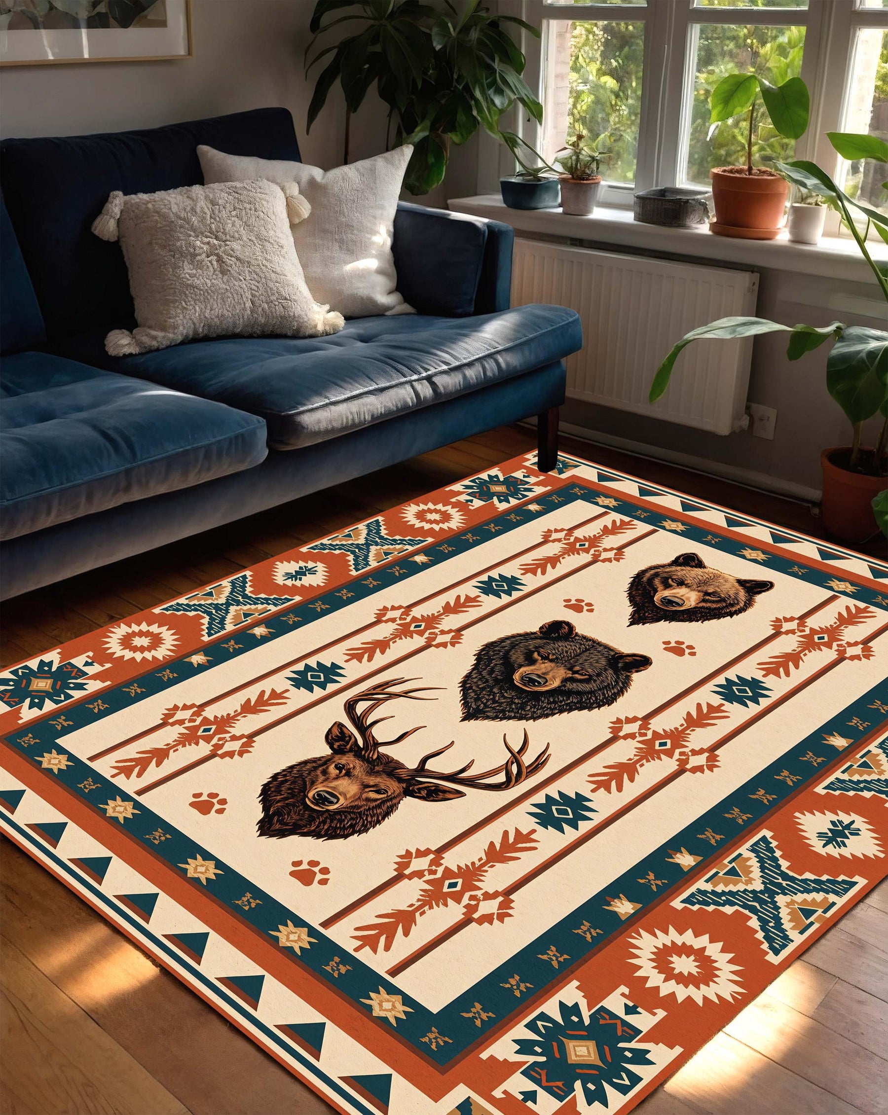 Southwestern Bear Deer Wolf Area Rug, Rustic Cabin Lodge Carpet, Tribal Geometric Boho, Terracotta Teal Cream Rug for Living Room Bedroom