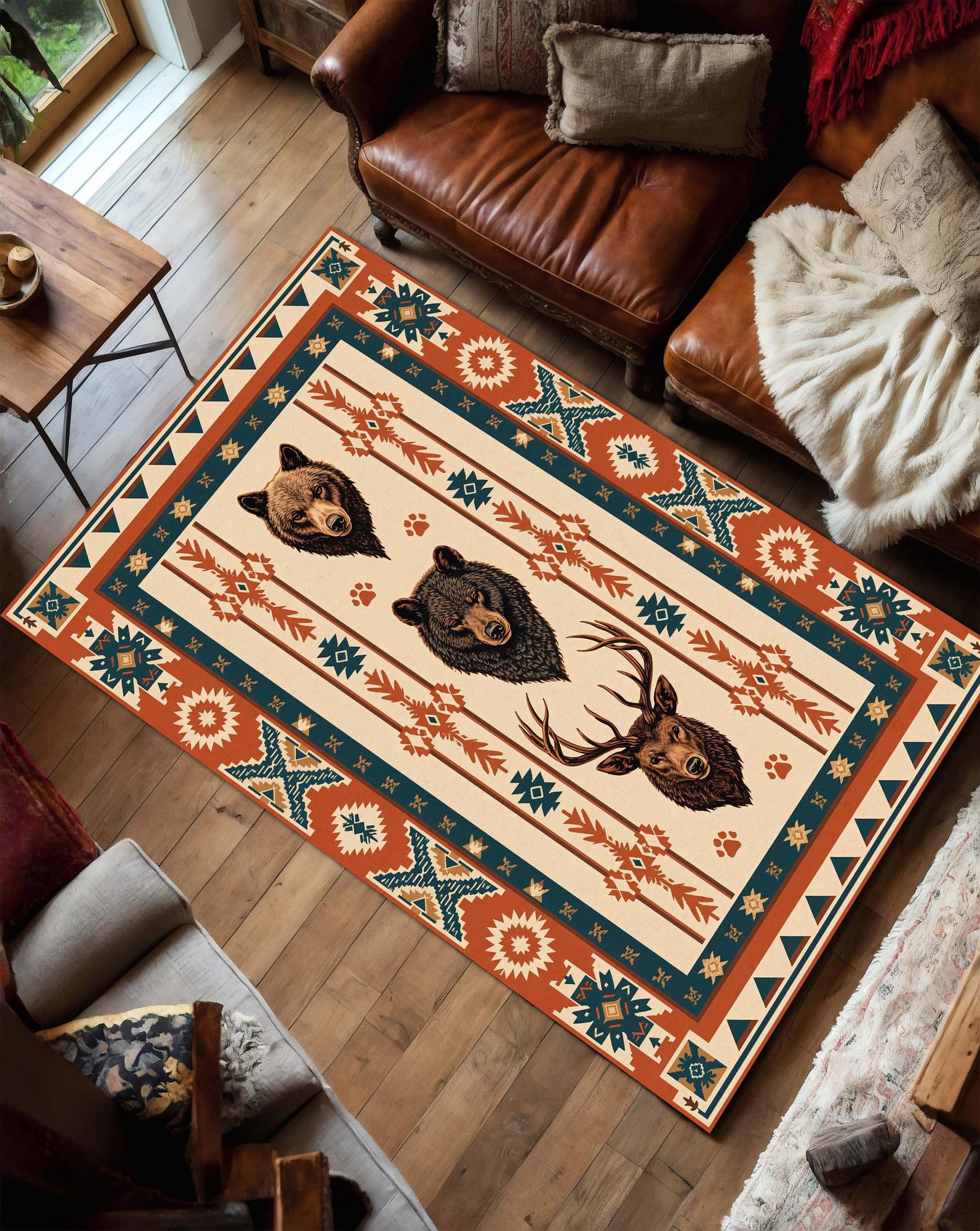Southwestern Bear Deer Wolf Area Rug, Rustic Cabin Lodge Carpet, Tribal Geometric Boho, Terracotta Teal Cream Rug for Living Room Bedroom