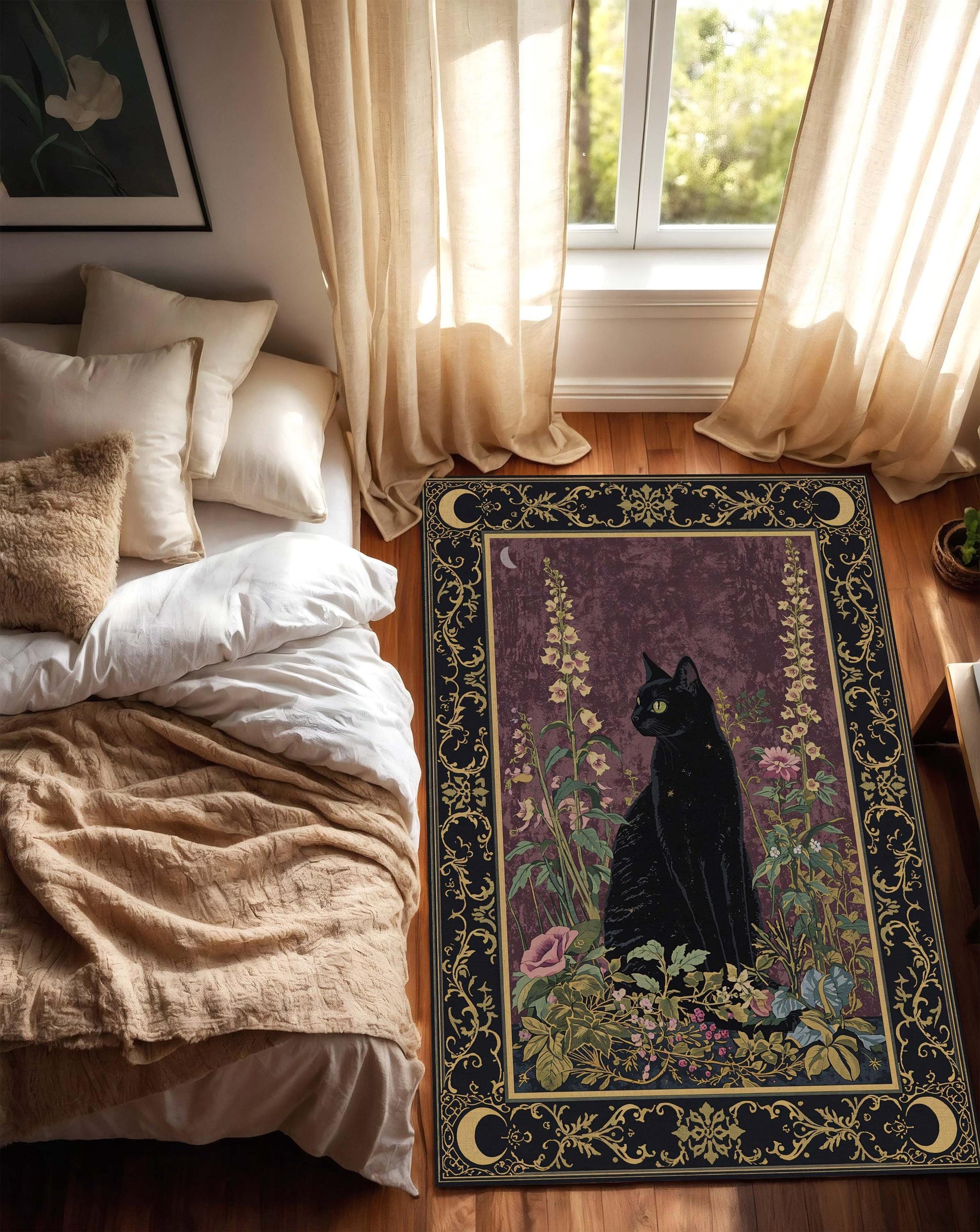 Black Cat Floral Rug, Witchy Celestial Area Rug, Gothic Botanical Decor, Moon Phase Carpet, Vintage Art Nouveau Mat for Living Room Bedroom