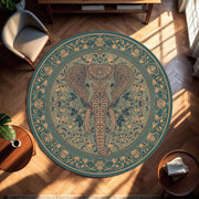 Elephant Round Rug, Boho Mandala Area Rug, Teal Gold Floral Carpet, Zen Yoga Meditation Decor, Bohemian Circle Mat for Bedroom Living Room