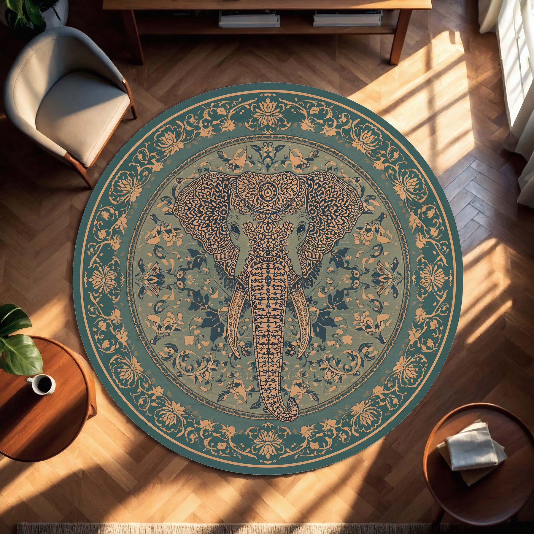 Elephant Round Rug, Boho Mandala Area Rug, Teal Gold Floral Carpet, Zen Yoga Meditation Decor, Bohemian Circle Mat for Bedroom Living Room