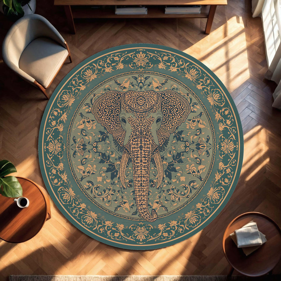 Elephant Round Rug, Boho Mandala Area Rug, Teal Gold Floral Carpet, Zen Yoga Meditation Decor, Bohemian Circle Mat for Bedroom Living Room