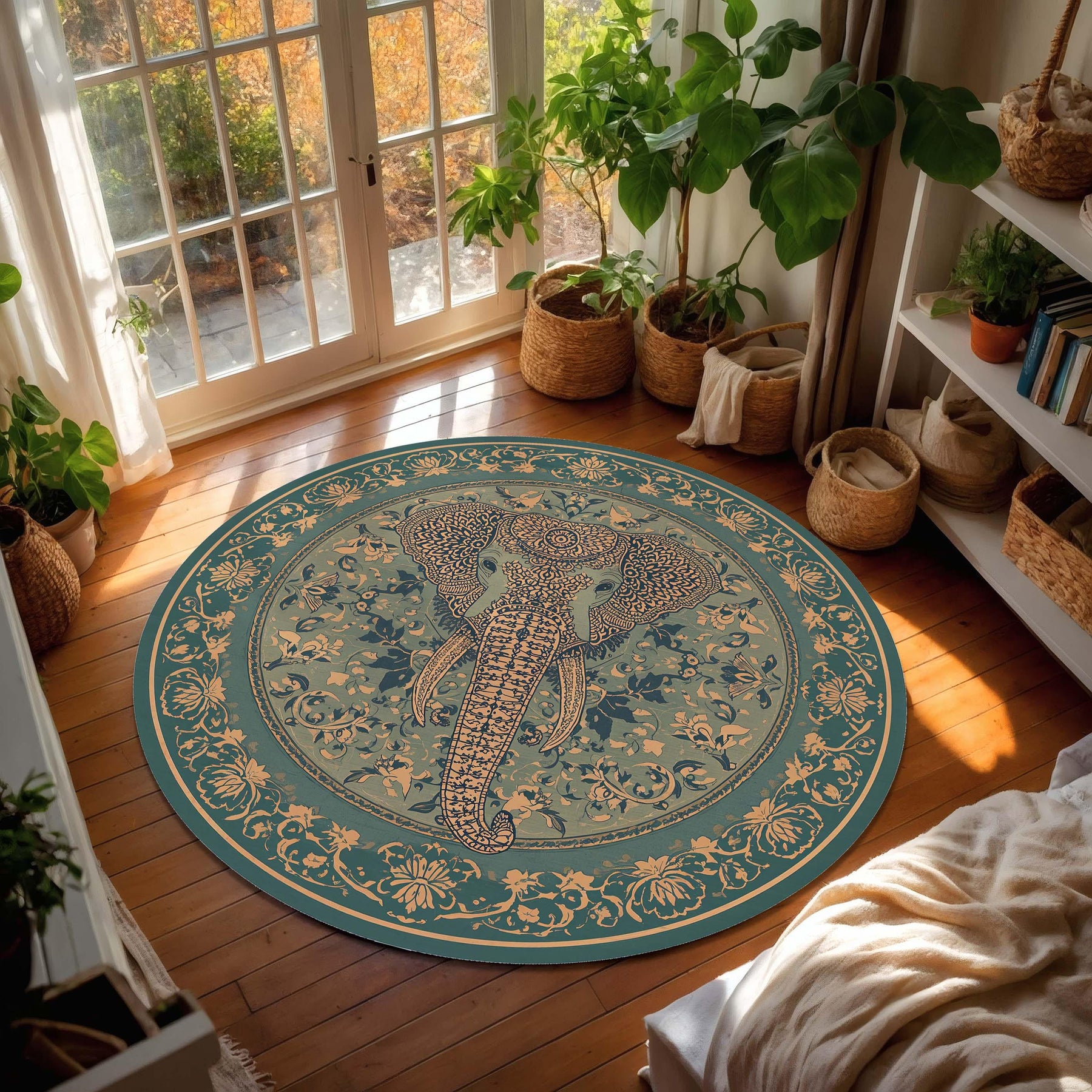 Elephant Round Rug, Boho Mandala Area Rug, Teal Gold Floral Carpet, Zen Yoga Meditation Decor, Bohemian Circle Mat for Bedroom Living Room
