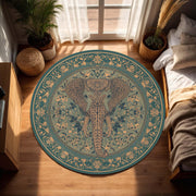 Elephant Round Rug, Boho Mandala Area Rug, Teal Gold Floral Carpet, Zen Yoga Meditation Decor, Bohemian Circle Mat for Bedroom Living Room