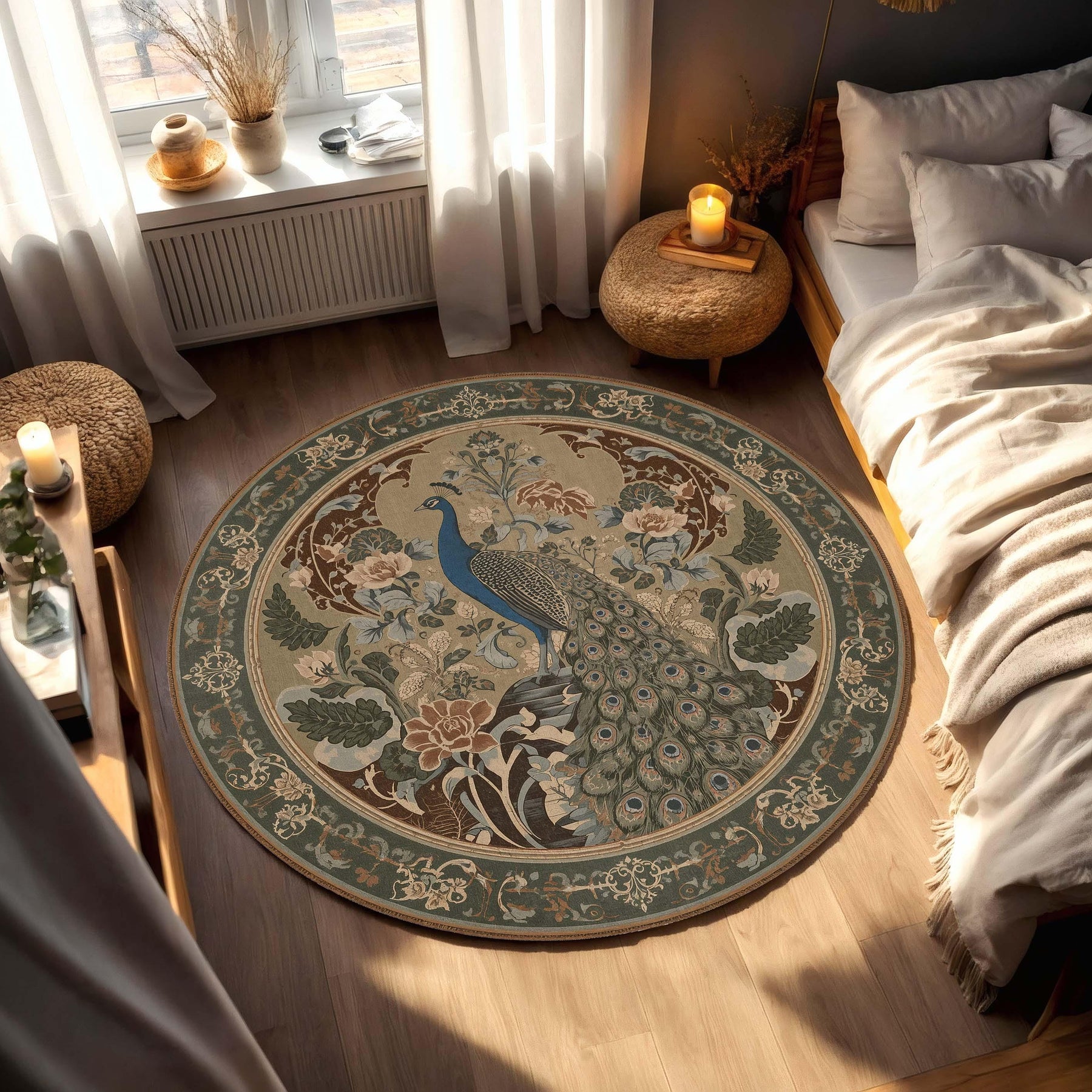 Peacock Round Rug, Vintage Botanical Art Nouveau Carpet, Boho Floral Circle Mat, Elegant Living Room Bedroom Decor, Teal Sage Blue Accent