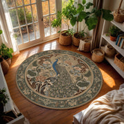 Peacock Round Rug, Vintage Botanical Art Nouveau Carpet, Boho Floral Circle Mat, Elegant Living Room Bedroom Decor, Teal Sage Blue Accent