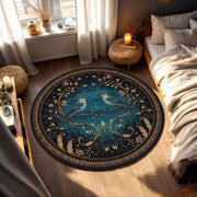 Celestial Birds Round Rug, Teal Gold Starry Mandala Carpet, Vintage Art Nouveau Boho Decor, Mystical Night Area Mat for Bedroom Living Room