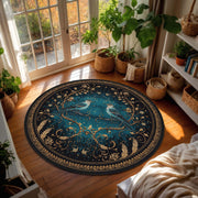 Celestial Birds Round Rug, Teal Gold Starry Mandala Carpet, Vintage Art Nouveau Boho Decor, Mystical Night Area Mat for Bedroom Living Room