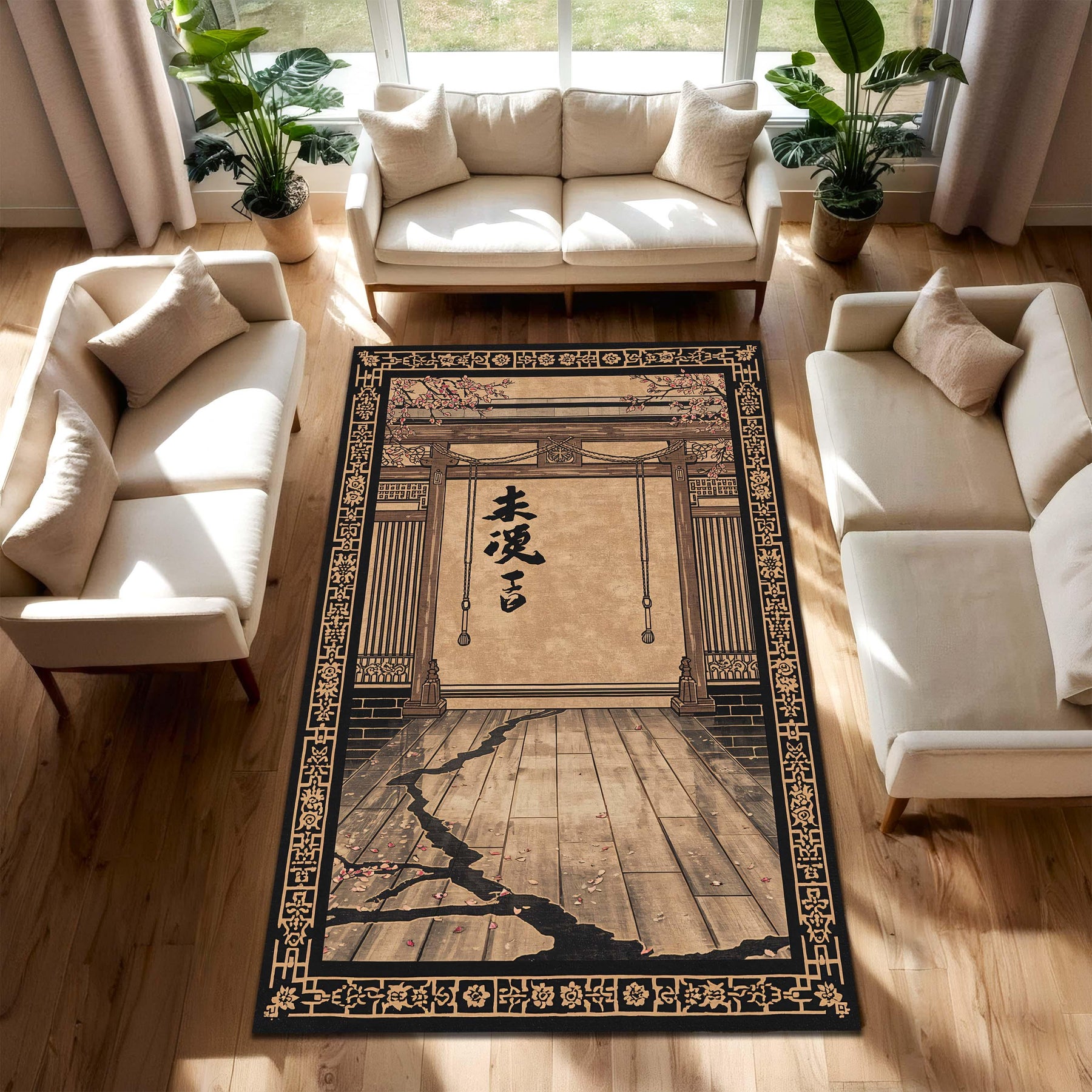 Zen Asian Calligraphy Area Rug, Vintage Japanese Temple Gate Carpet, Wabi Sabi Oriental Decor, Cherry Blossom Mat for Living Room Bedroom
